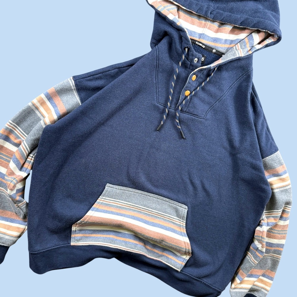 Rank 45 Hoodie Men L Navy Henley Pullover Striped Fleece Casual Southwestern